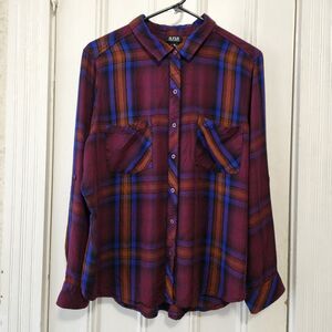 a.n.a Women's Lightweight Plaid Button-Down Roll Tab Shirt XL